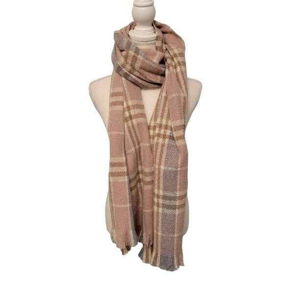 Pretty Persuasions Pale Pink Blue Super Soft Plaid Scarf Wrap Fringe - Picture 1 of 5
